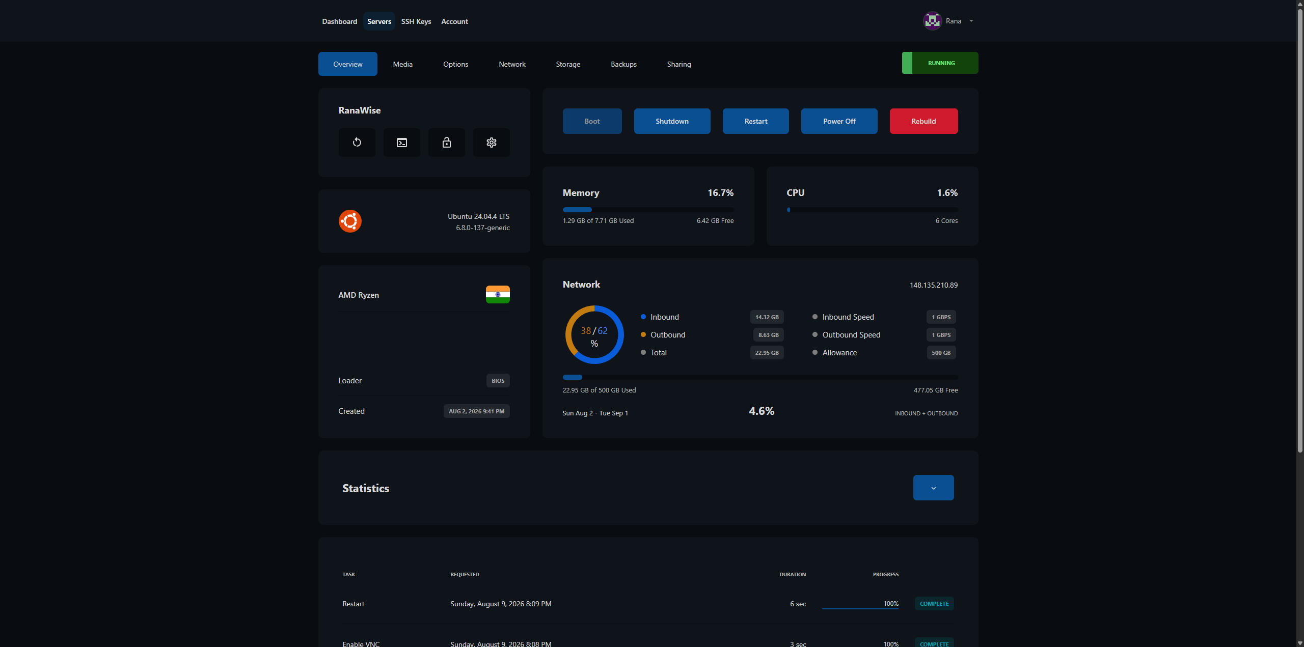 VirtFusion server dashboard