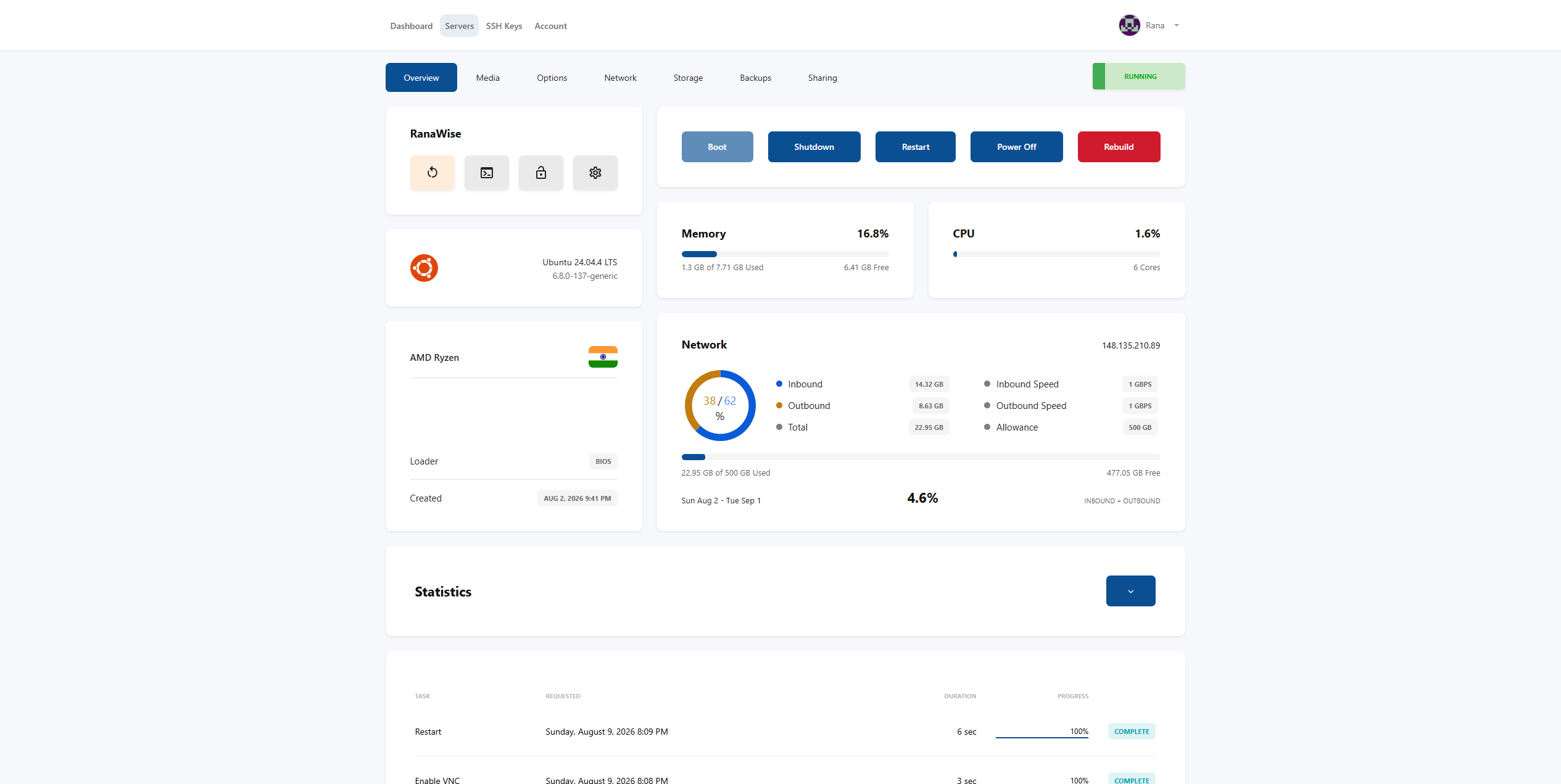 VirtFusion server dashboard